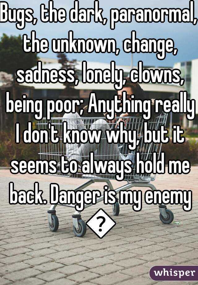 Bugs, the dark, paranormal, the unknown, change, sadness, lonely, clowns, being poor; Anything really I don't know why, but it seems to always hold me back. Danger is my enemy 😐