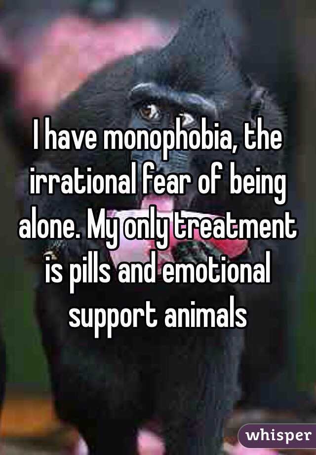 I have monophobia, the irrational fear of being alone. My only treatment is pills and emotional support animals 