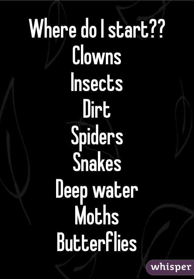 Where do I start??
Clowns
Insects
Dirt
Spiders
Snakes
Deep water
Moths
Butterflies