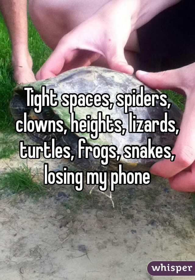 Tight spaces, spiders, clowns, heights, lizards, turtles, frogs, snakes, losing my phone