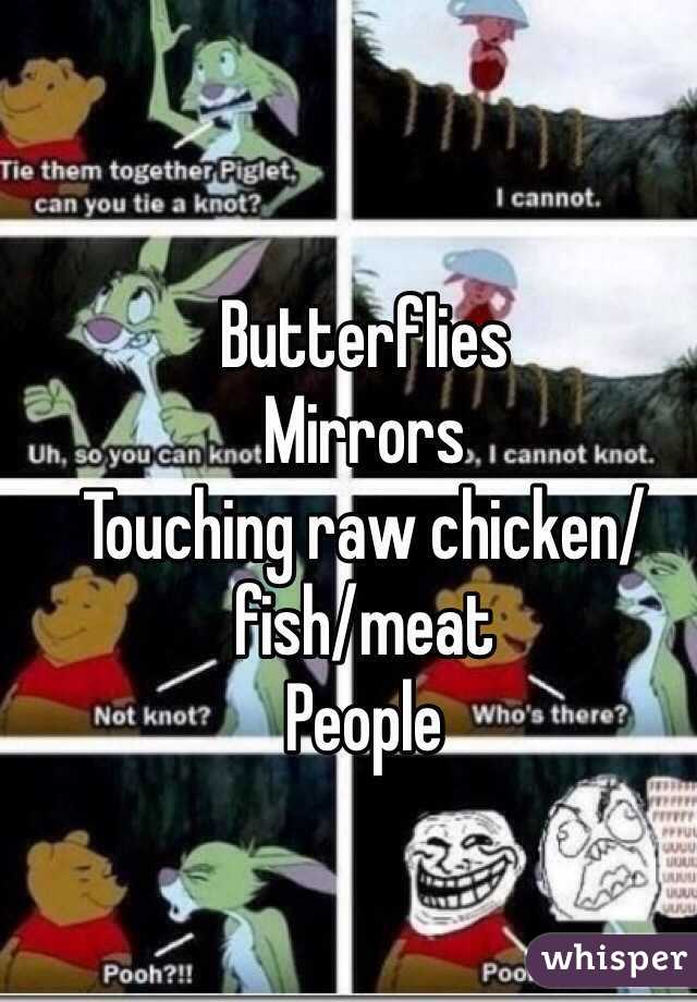 Butterflies
Mirrors
Touching raw chicken/fish/meat
People