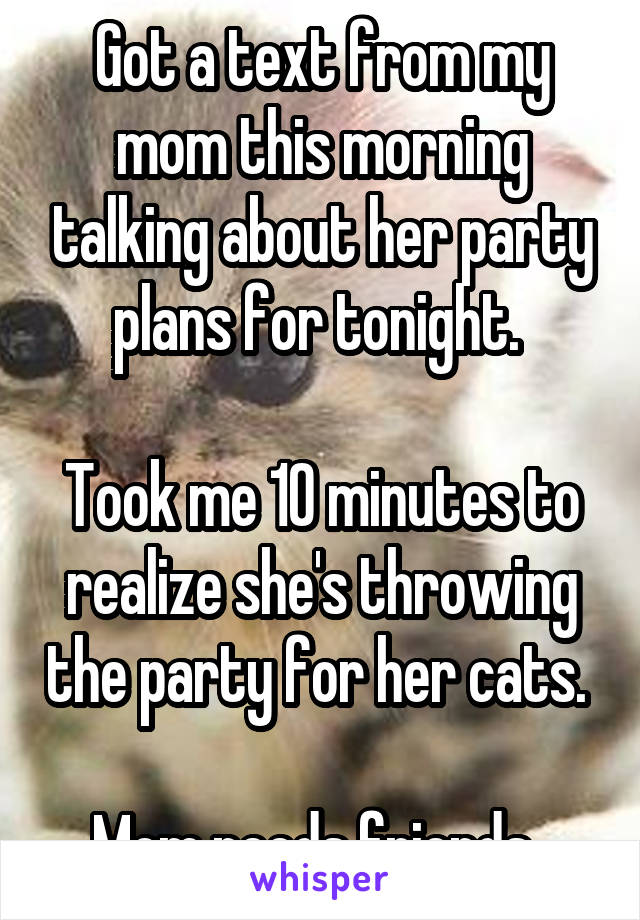 Got a text from my mom this morning talking about her party plans for tonight. 

Took me 10 minutes to realize she's throwing the party for her cats. 

Mom needs friends. 