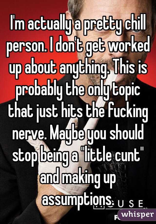 I'm actually a pretty chill person. I don't get worked up about anything. This is probably the only topic that just hits the fucking nerve. Maybe you should stop being a "little cunt" and making up assumptions.