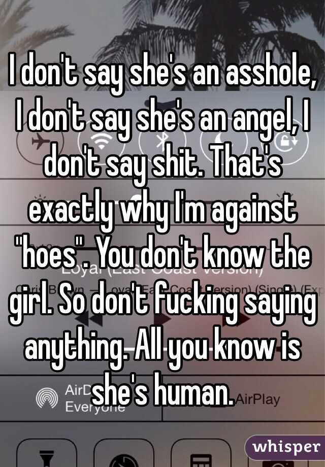 I don't say she's an asshole, I don't say she's an angel, I don't say shit. That's exactly why I'm against "hoes". You don't know the girl. So don't fucking saying anything. All you know is she's human. 