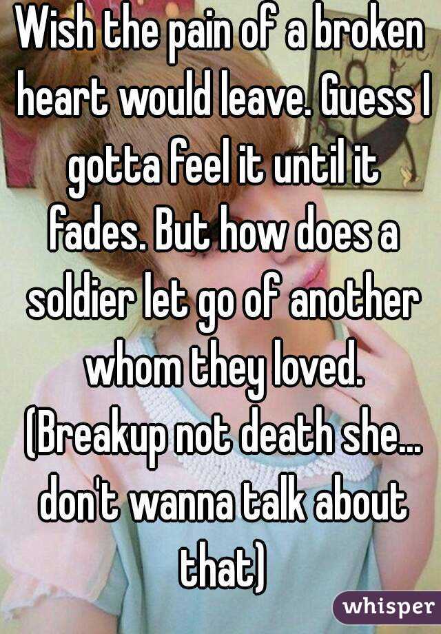 Wish the pain of a broken heart would leave. Guess I gotta feel it until it fades. But how does a soldier let go of another whom they loved. (Breakup not death she... don't wanna talk about that)