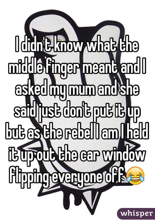 I didn't know what the middle finger meant and I asked my mum and she said just don't put it up but as the rebel I am I held it up out the car window flipping everyone off😂
