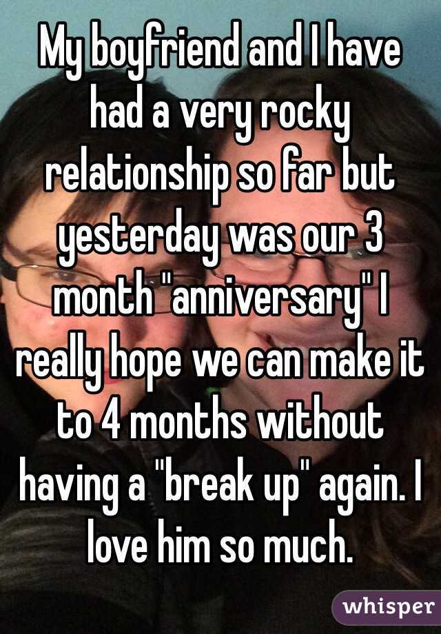 My boyfriend and I have had a very rocky relationship so far but yesterday was our 3 month "anniversary" I really hope we can make it to 4 months without having a "break up" again. I love him so much.