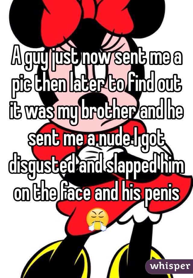 A guy just now sent me a pic then later to find out it was my brother and he sent me a nude I got disgusted and slapped him on the face and his penis 😤