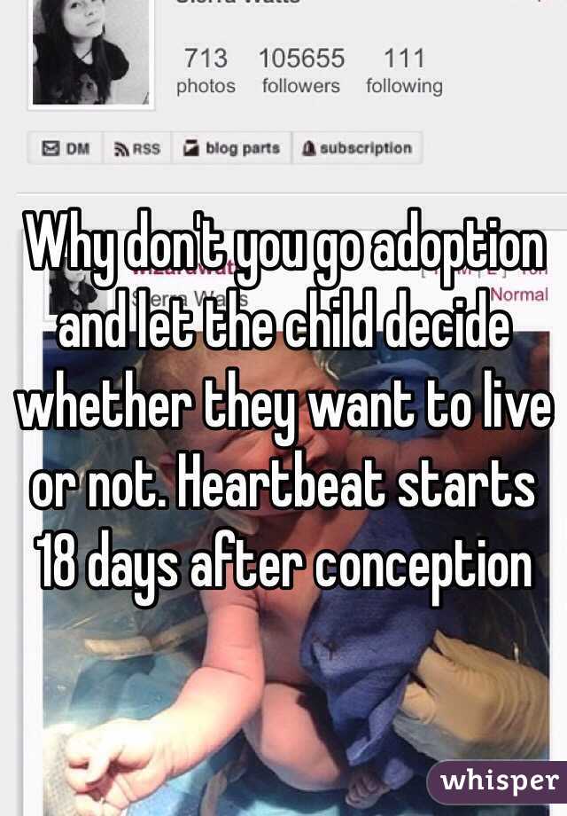 Why don't you go adoption and let the child decide whether they want to live or not. Heartbeat starts 18 days after conception