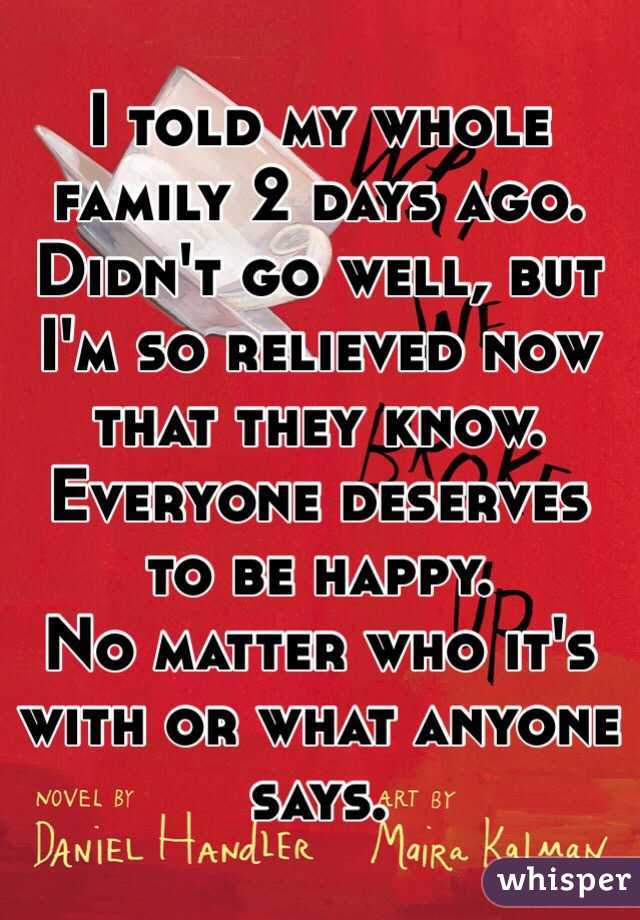 I told my whole family 2 days ago.
Didn't go well, but I'm so relieved now that they know. 
Everyone deserves to be happy.
No matter who it's with or what anyone says. 