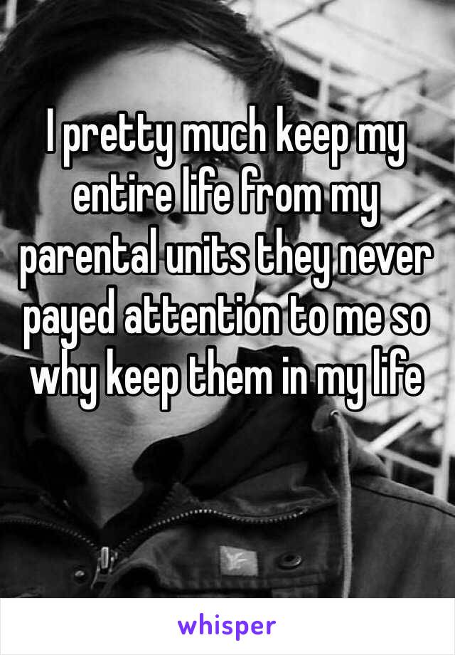 I pretty much keep my entire life from my parental units they never payed attention to me so why keep them in my life 