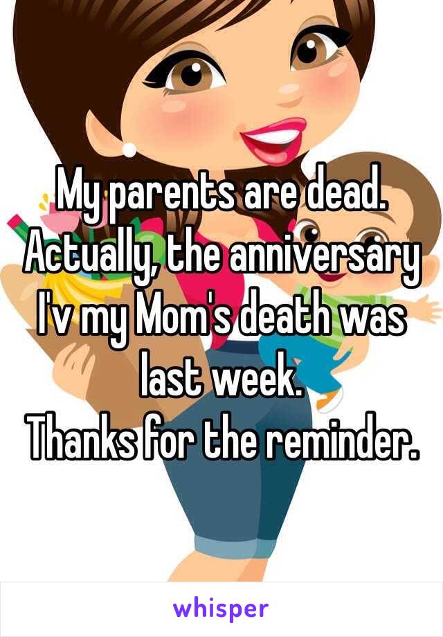 My parents are dead. 
Actually, the anniversary I'v my Mom's death was last week. 
Thanks for the reminder. 