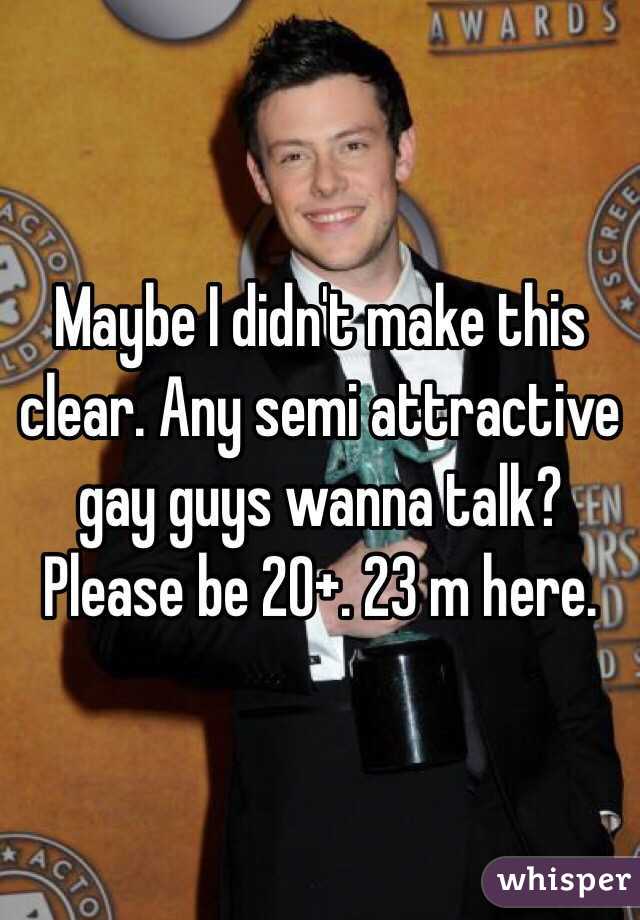 Maybe I didn't make this clear. Any semi attractive gay guys wanna talk? Please be 20+. 23 m here.