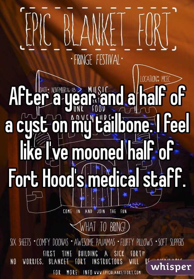 After a year and a half of a cyst on my tailbone. I feel like I've mooned half of Fort Hood's medical staff. 