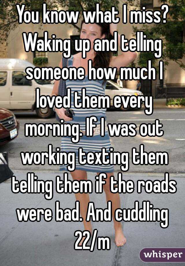 You know what I miss?
Waking up and telling someone how much I loved them every morning. If I was out working texting them telling them if the roads were bad. And cuddling 
22/m