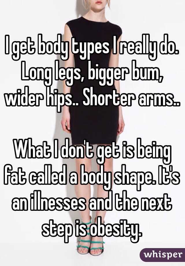 I get body types I really do. Long legs, bigger bum, wider hips.. Shorter arms..

What I don't get is being fat called a body shape. It's an illnesses and the next step is obesity.