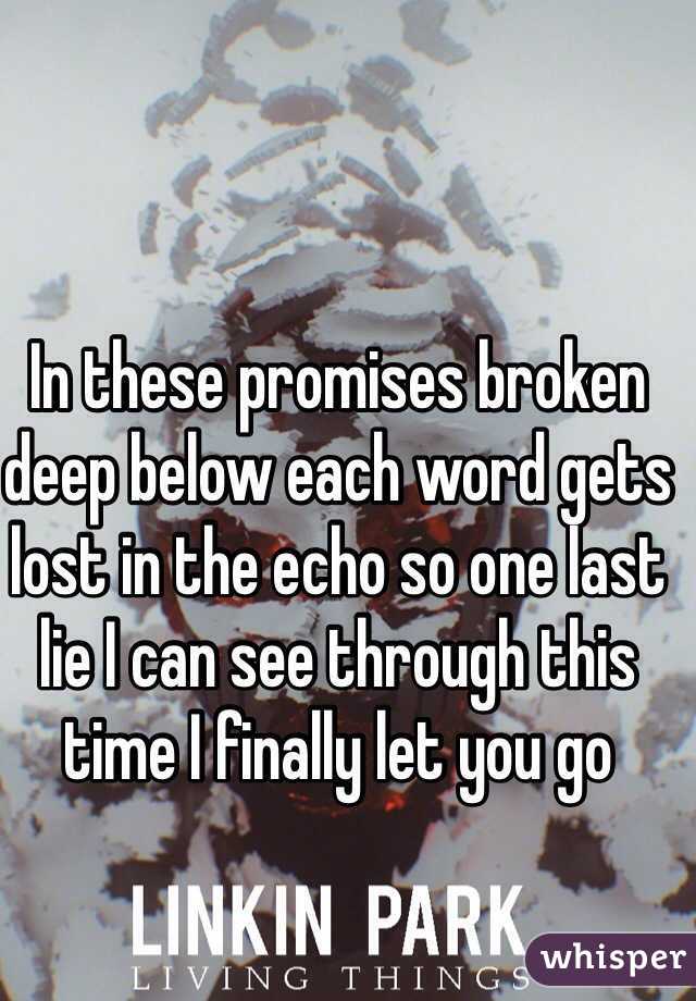 In these promises broken deep below each word gets lost in the echo so one last lie I can see through this time I finally let you go