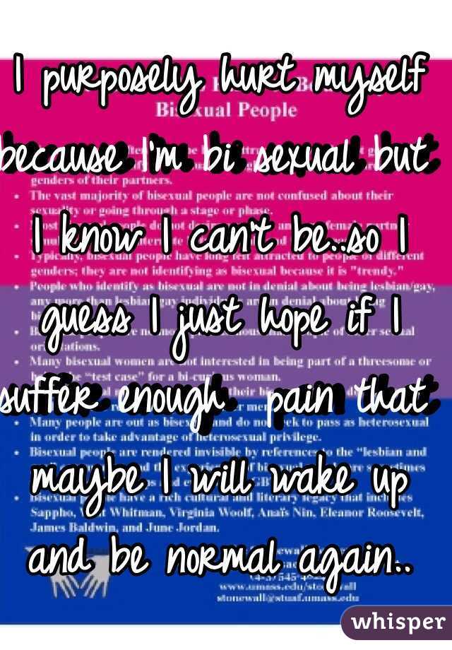 I purposely hurt myself because I'm bi sexual but I know I can't be..so I guess I just hope if I suffer enough  pain that maybe I will wake up and be normal again.. 