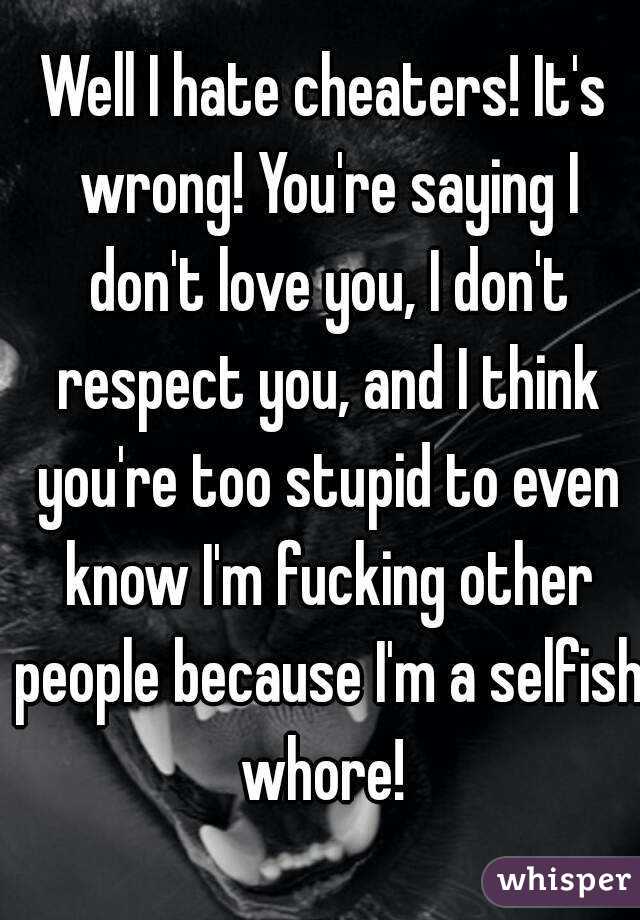 Well I hate cheaters! It's wrong! You're saying I don't love you, I don't respect you, and I think you're too stupid to even know I'm fucking other people because I'm a selfish whore! 