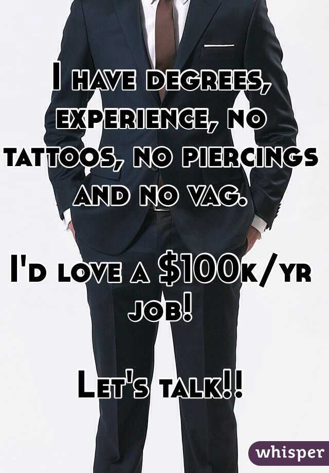 I have degrees, experience, no tattoos, no piercings and no vag.

I'd love a $100k/yr job!

Let's talk!!