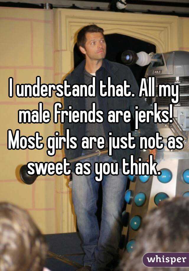 I understand that. All my male friends are jerks! Most girls are just not as sweet as you think. 