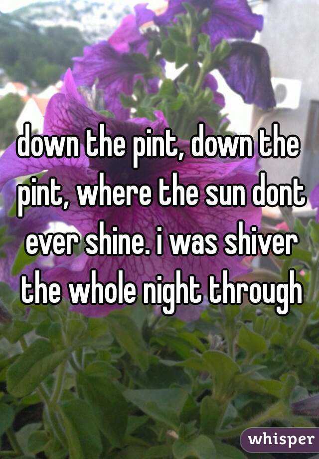 down the pint, down the pint, where the sun dont ever shine. i was shiver the whole night through