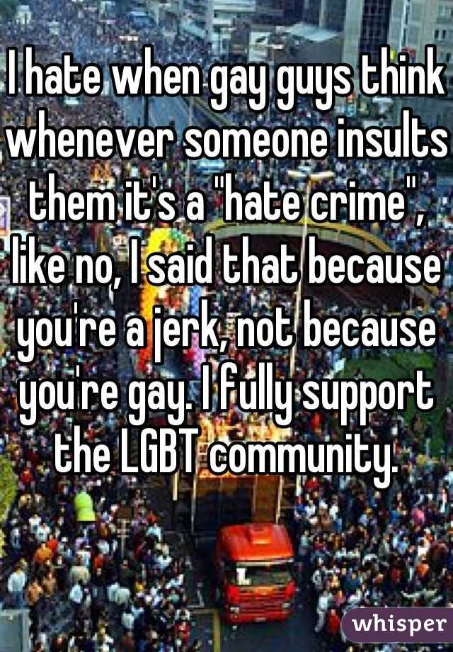 I hate when gay guys think whenever someone insults them it's a "hate crime", like no, I said that because you're a jerk, not because you're gay. I fully support the LGBT community. 