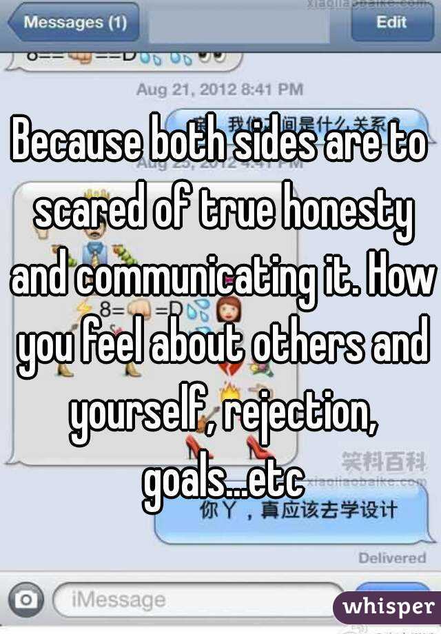 Because both sides are to scared of true honesty and communicating it. How you feel about others and yourself, rejection, goals...etc