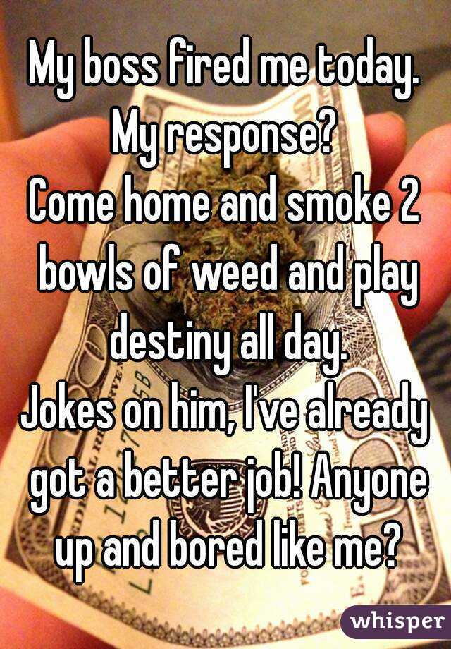 My boss fired me today.
My response?
Come home and smoke 2 bowls of weed and play destiny all day.
Jokes on him, I've already got a better job! Anyone up and bored like me?