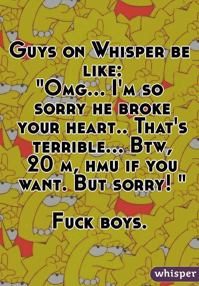 Guys on Whisper be like:
"Omg... I'm so sorry he broke your heart.. That's terrible... Btw, 20 m, hmu if you want. But sorry! "

Fuck boys.