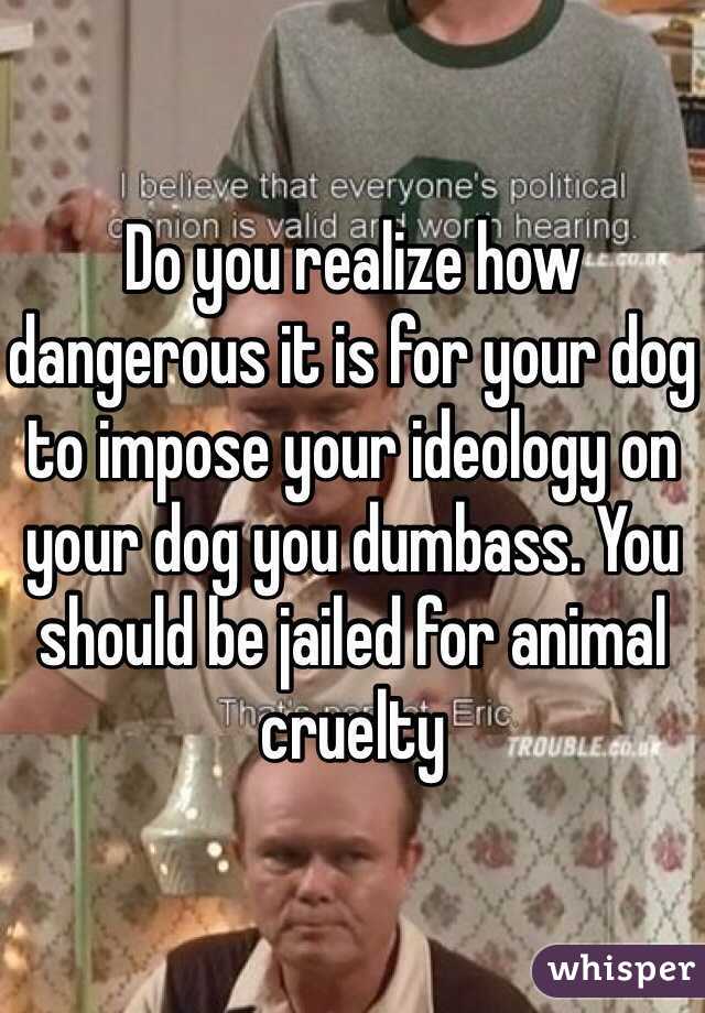 Do you realize how dangerous it is for your dog to impose your ideology on your dog you dumbass. You should be jailed for animal cruelty  