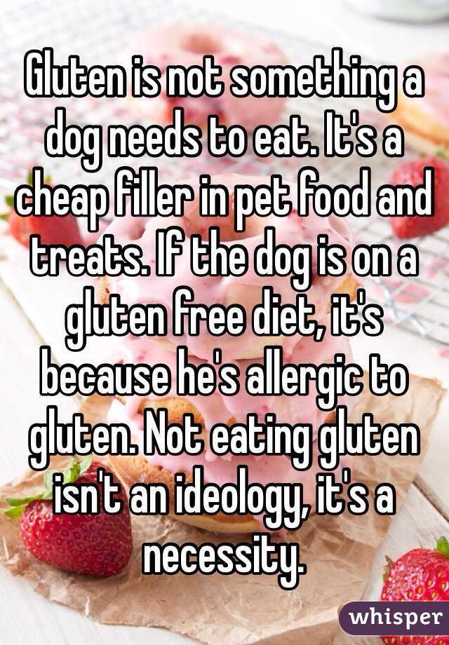 Gluten is not something a dog needs to eat. It's a cheap filler in pet food and treats. If the dog is on a gluten free diet, it's because he's allergic to gluten. Not eating gluten isn't an ideology, it's a necessity. 