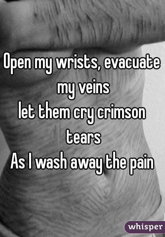 Open my wrists, evacuate my veins
let them cry crimson tears
As I wash away the pain