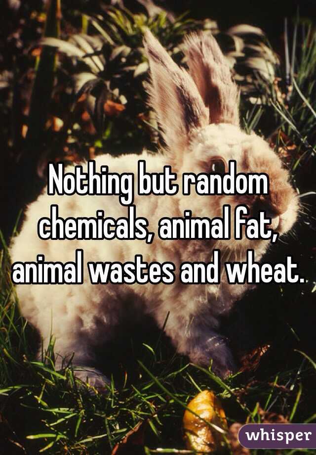 Nothing but random chemicals, animal fat, animal wastes and wheat. 