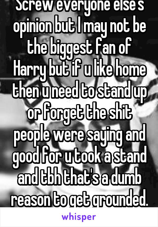 Screw everyone else's opinion but I may not be the biggest fan of Harry but if u like home then u need to stand up or forget the shit people were saying and good for u took a stand and tbh that's a dumb reason to get grounded. So stay proud!