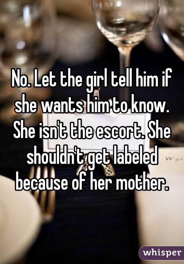 No. Let the girl tell him if she wants him to know. She isn't the escort. She shouldn't get labeled because of her mother.