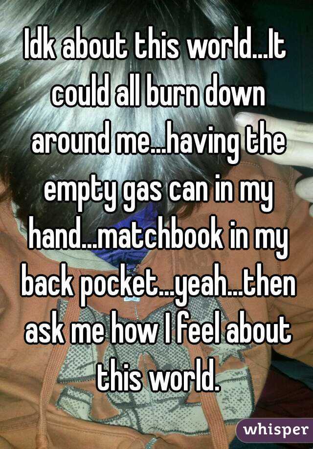 Idk about this world...It could all burn down around me...having the empty gas can in my hand...matchbook in my back pocket...yeah...then ask me how I feel about this world.