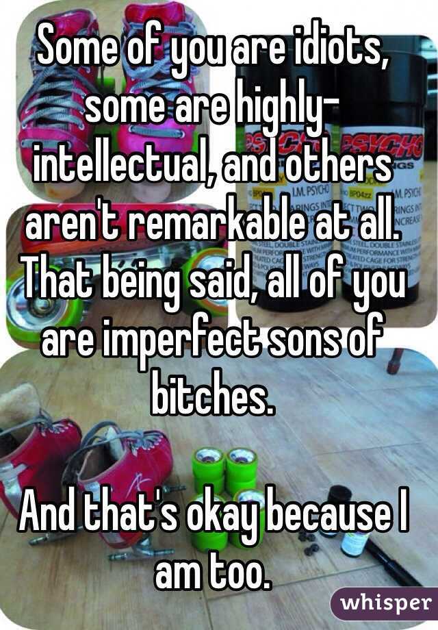Some of you are idiots, some are highly-intellectual, and others aren't remarkable at all. That being said, all of you are imperfect sons of bitches. 

And that's okay because I am too. 