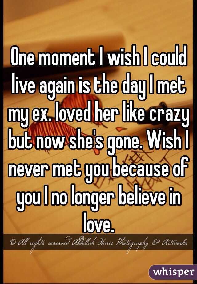 One moment I wish I could live again is the day I met my ex. Ioved her like crazy but now she's gone. Wish I never met you because of you I no longer believe in love. 