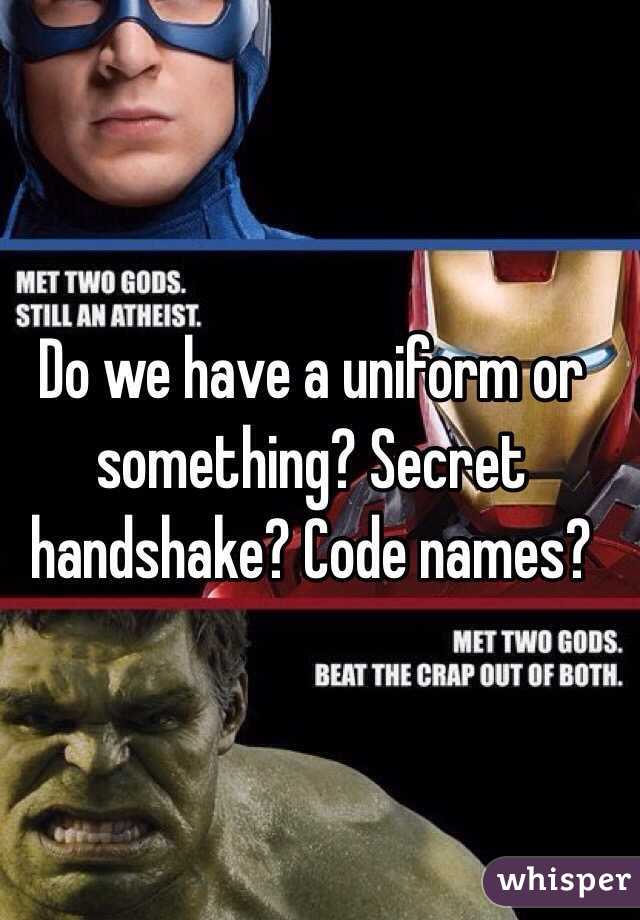 Do we have a uniform or something? Secret handshake? Code names?