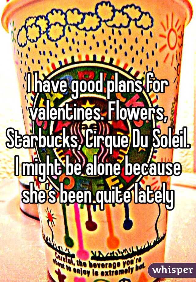 I have good plans for valentines. Flowers, Starbucks, Cirque Du Soleil. I might be alone because she's been quite lately