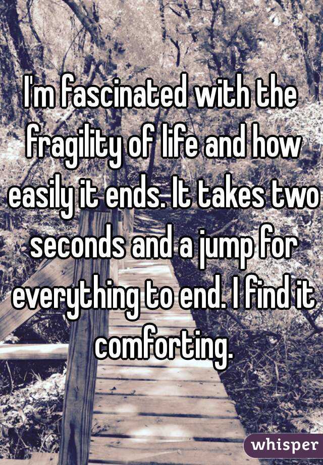 I'm fascinated with the fragility of life and how easily it ends. It takes two seconds and a jump for everything to end. I find it comforting.
