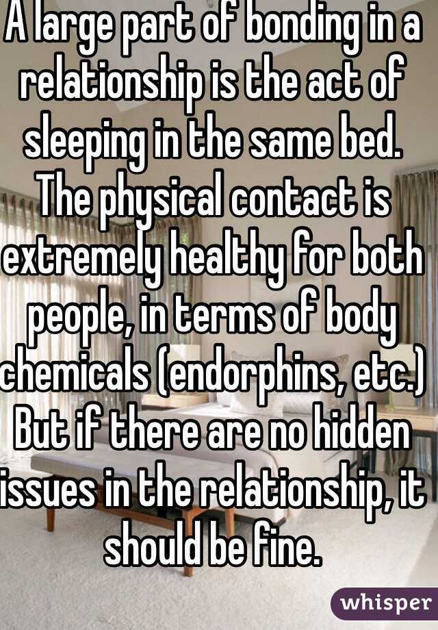 A large part of bonding in a relationship is the act of sleeping in the same bed. The physical contact is extremely healthy for both people, in terms of body chemicals (endorphins, etc.)
But if there are no hidden issues in the relationship, it should be fine.