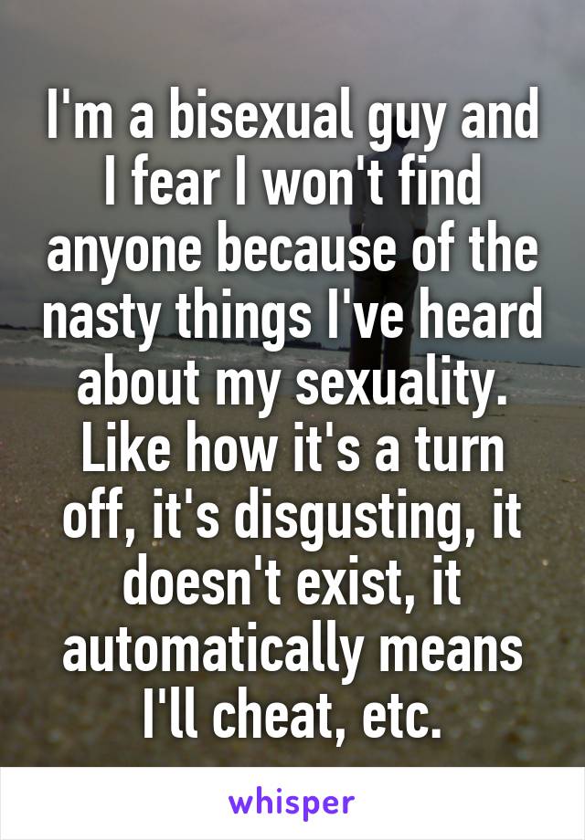 I'm a bisexual guy and I fear I won't find anyone because of the nasty things I've heard about my sexuality. Like how it's a turn off, it's disgusting, it doesn't exist, it automatically means I'll cheat, etc.
