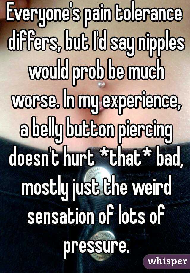 Everyone's pain tolerance differs, but I'd say nipples would prob be much worse. In my experience, a belly button piercing doesn't hurt *that* bad, mostly just the weird sensation of lots of pressure.