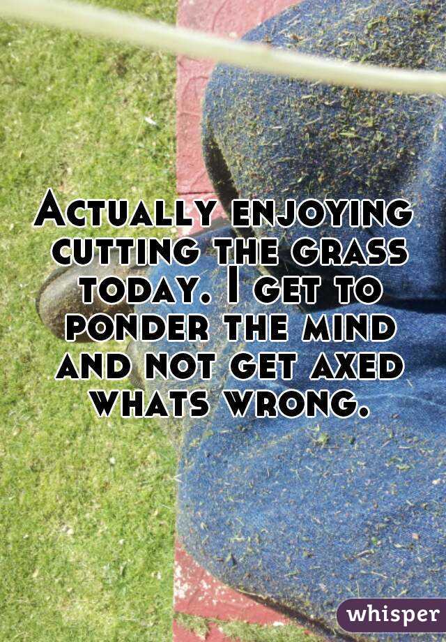 Actually enjoying cutting the grass today. I get to ponder the mind and not get axed whats wrong.