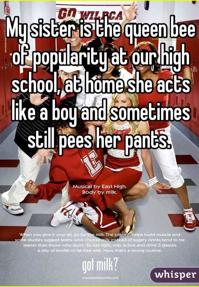 My sister is the queen bee of popularity at our high school, at home she acts like a boy and sometimes still pees her pants. 