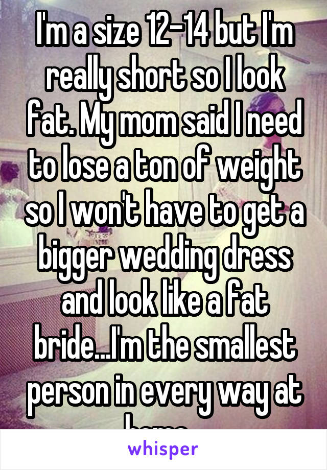 I'm a size 12-14 but I'm really short so I look fat. My mom said I need to lose a ton of weight so I won't have to get a bigger wedding dress and look like a fat bride...I'm the smallest person in every way at home...