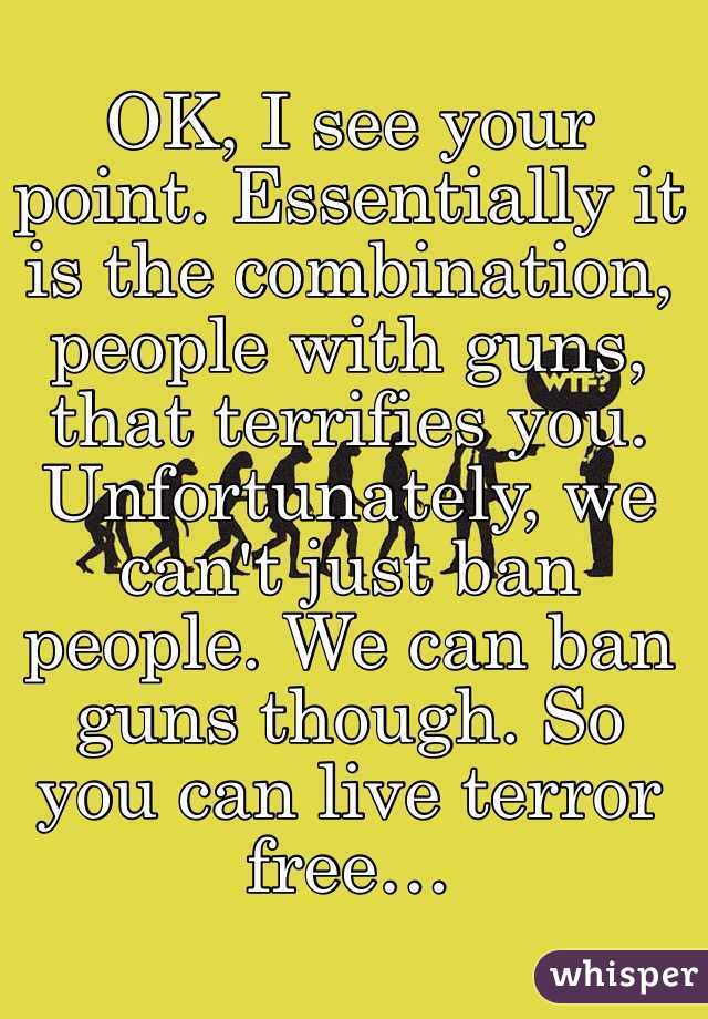 OK, I see your point. Essentially it is the combination, people with guns,  that terrifies you. Unfortunately, we can't just ban people. We can ban guns though. So you can live terror free…
