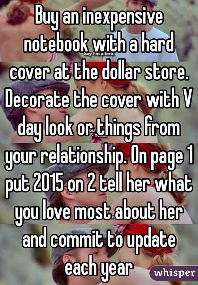 Buy an inexpensive notebook with a hard cover at the dollar store.  Decorate the cover with V day look or things from your relationship. On page 1 put 2015 on 2 tell her what you love most about her and commit to update each year